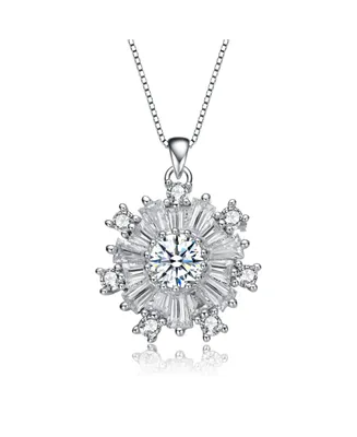 White Gold Plated with Cubic Zirconia Flower Snowflake Pendant Necklace