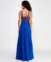 City Studios Juniors' Straight-Neck Lace-Back Chiffon Skater Gown