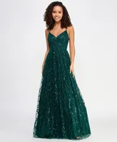 Say Yes Juniors' Glitter-Tulle Lace-Up V-Neck Gown, Created for Macy's
