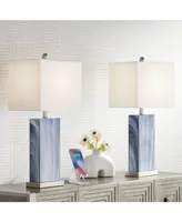 Connie Modern Table Lamps 25" Tall Set of 2 with Usb Charging Ports Blue Faux Marble White Rectangular Shade for Bedroom Living Room House Desk Bedsid