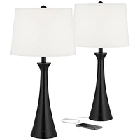 Karl Modern Table Lamps 28 1/4" Tall Set of 2 with Usb and Ac Power Outlet in Base Black Metal White Fabric Drum Shade for Bedroom Living Room House B