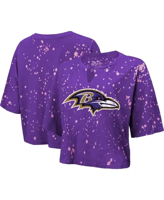 Women's Majestic Threads Purple Baltimore Ravens Bleach Splatter Notch Neck Crop T-shirt