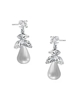 Sterling Silver with Rhodium Plated White Round Freshwater Pearl with Marquise and Round Cubic Zirconia Earrings