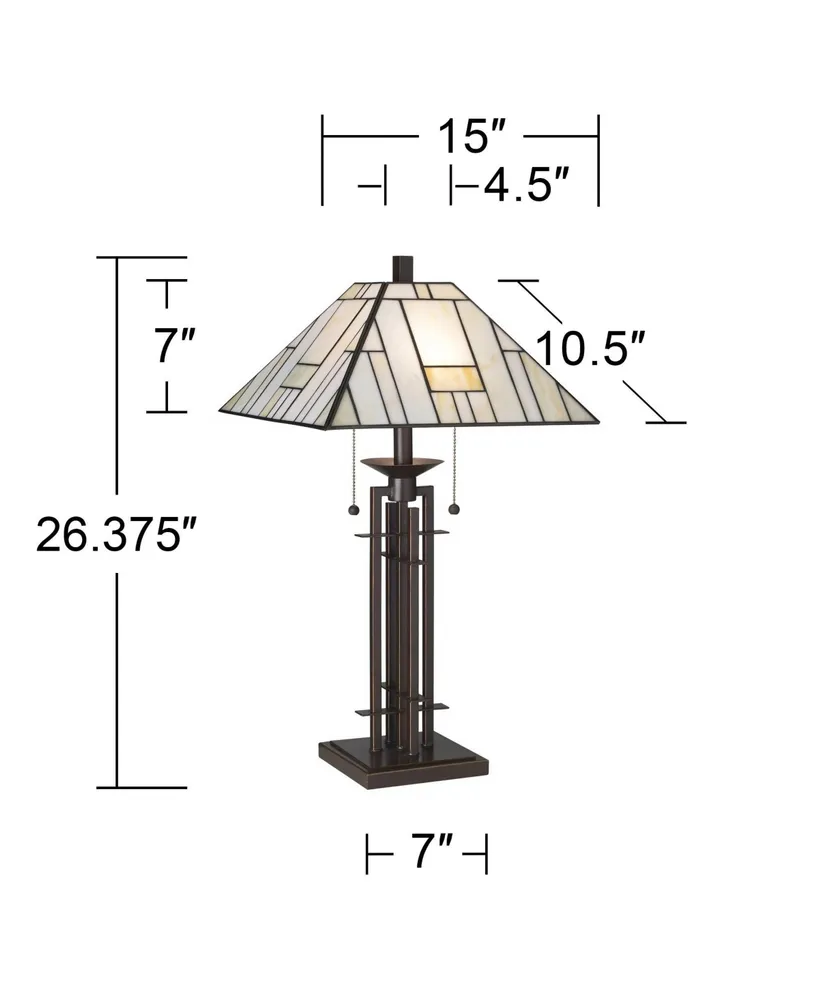 Mission Tiffany Style Table Lamp Art Deco 26.25" High Wrought Iron Dark Bronze Brown Gold White Stained Glass Shade for Living Room Bedroom House Beds