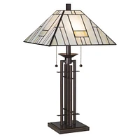 Mission Tiffany Style Table Lamp Art Deco 26.25" High Wrought Iron Dark Bronze Brown Gold White Stained Glass Shade for Living Room Bedroom House Beds