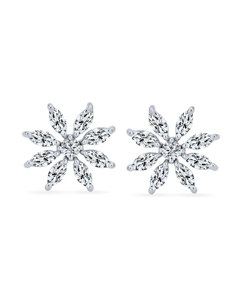 Elegant Bridal Holiday Marquise Cz Christmas Flower Snowflake Stud Earrings for Women's .925 Sterling Silver