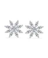 Elegant Bridal Holiday Marquise Cz Christmas Flower Snowflake Stud Earrings for Women's .925 Sterling Silver