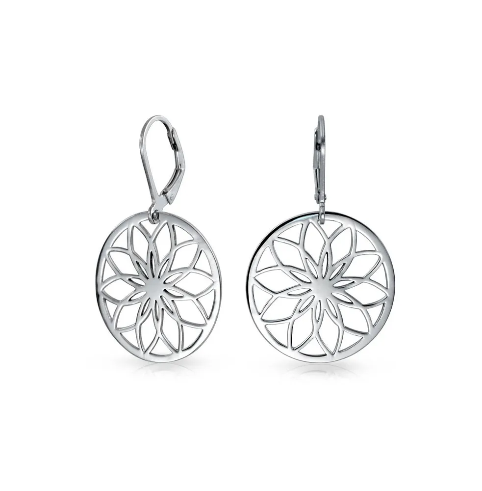 Geometric Floral Garden Round Circle Disc Cutout Flower Dangle Earrings For Women Teens .925 Sterling Silver Lever Back