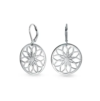 Geometric Floral Garden Round Circle Disc Cutout Flower Dangle Earrings For Women Teens .925 Sterling Silver Lever Back