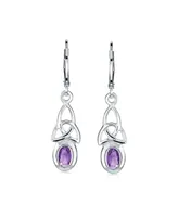 Bling Jewelry Irish Love Knot Oval Bezel Set Purple Natural Amethyst Dangle Celtic Knot Earrings For Women Sterling Silver Lever Back