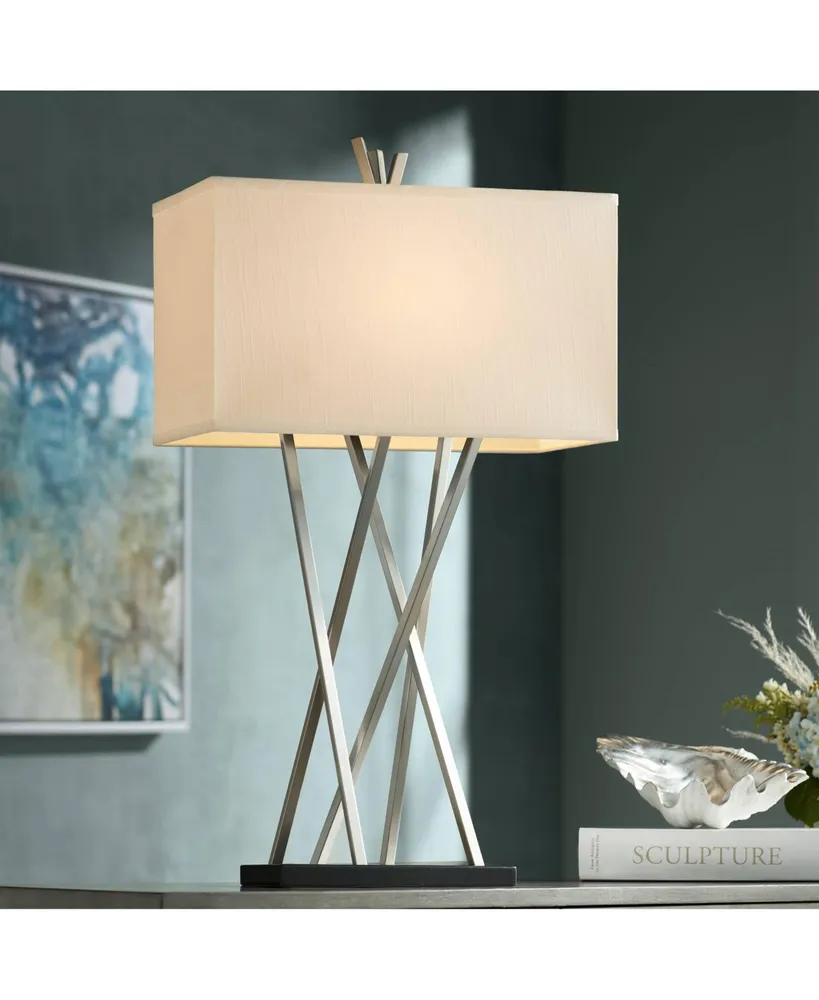 Modern Table Lamp 30" Tall Brushed Nickel Silver Open Asymmetry Metal White Linen Rectangular Box Shade for Bedroom Living Room House Home Bedside Nig