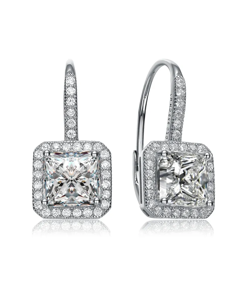 Sterling Silver Cubic Zirconia Square Cushion Drop Earrings