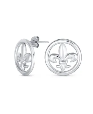 Ancient Symbol Lily Flower Circle Disc Fleur De Lis Stud Earrings For Women Men Teens Lightweight .925 Sterling Silver