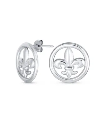 Bling Jewelry Ancient Symbol Lily Flower Circle Disc Fleur De Lis Stud Earrings For Women MenLightweight Sterling Silver