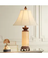 Traditional Table Lamp with Night Light 28.5" Tall Dark Bronze Cream Onyx Stone Column Off White Bell Shade Decor for Living Room Bedroom House Bedsid