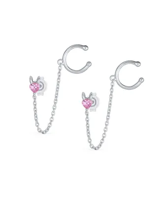 Helix Chain & Cable Ear Cuff Cartilage Earlobe Tiny Cz Pink Heart Earrings For Women.925 Sterling Silver