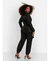 Rebdolls Women's Plus Size Empowered V-Neck Long Sleeve Sequin Jumpsuit