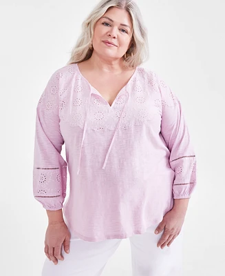 Style & Co Plus Size Embroidered Eyelet-Trim Top, Created for Macy's