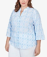 Ruby Rd. Plus Size Trellis Embroidered Cotton Button Front Top