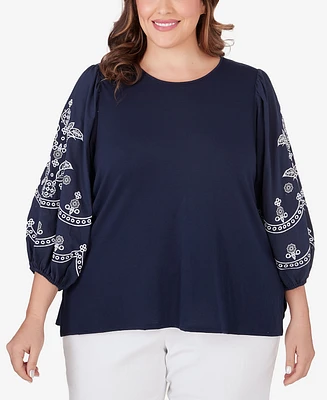 Ruby Rd. Plus Medallion Embroidered Lantern Sleeve Top