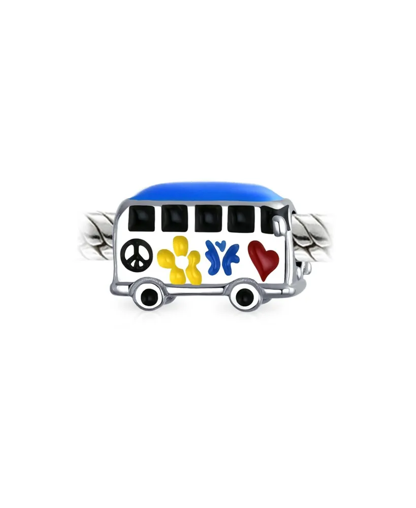 Multi Color Retro 1960'S Peace Love Hippie Volk Wagon Van Bus Charm Bead For Teen Women Enamel .925Sterling Silver Fits European Bracelet - Multi