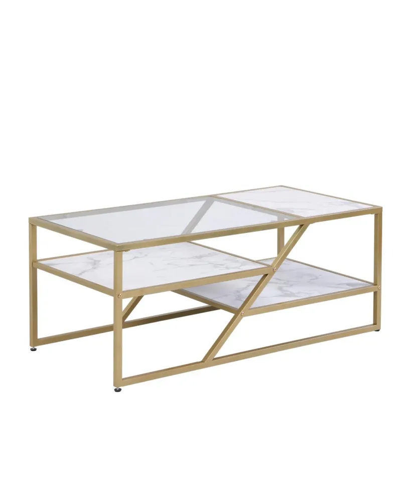 Simplie Fun Golden Coffee Table With Storage Shelf, Tempered Glass Coffee Table With Metal Frame For Living Room Bedroom