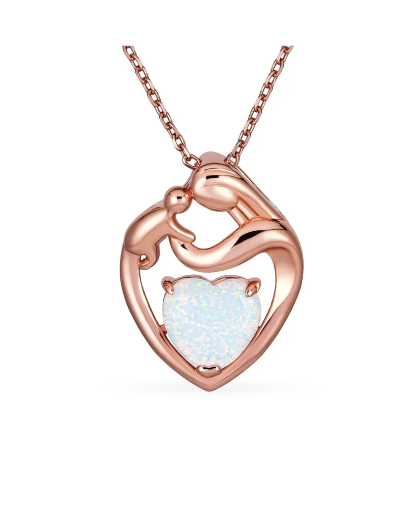 Bling Jewelry Gemstone Family Parent New Mother Created White Opal Heart Shaped Mom Loving Son Child Daughter Necklace Pendant Rose Gold Plated Sterli