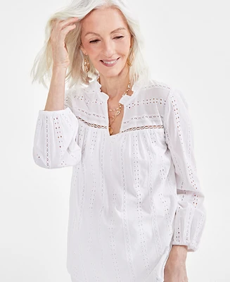 Style & Co Petite Long Sleeve Eyelet Blouse, Created for Macy's