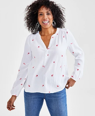 Style & Co Women's Cotton Embroidered Split-Neck Gauze Blouse, Created for Macy's