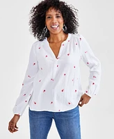 Style & Co Women's Cotton Embroidered Split-Neck Gauze Blouse, Created for Macy's