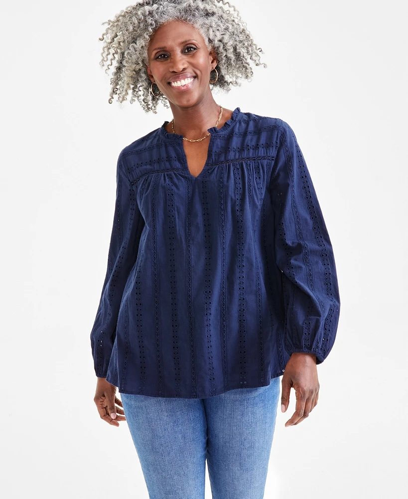 Style & Co Petite Long Sleeve Eyelet Blouse, Created for Macy's