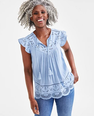 Style & Co Women's Mixed-Media Lace-Trimmed Top, Created for Macy's