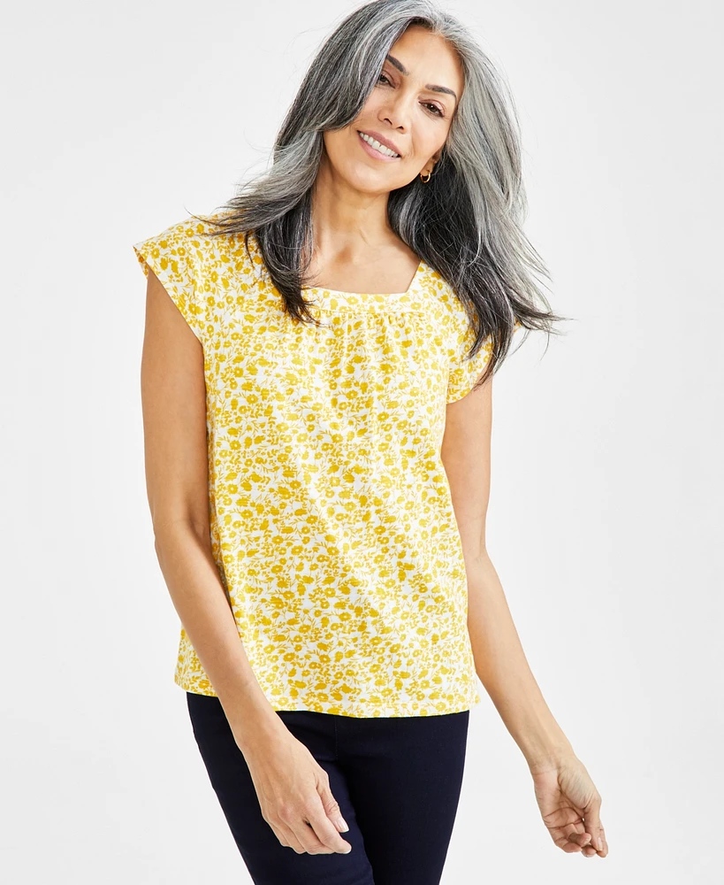 Style & Co Women's Cotton Printed Square-Neck Top, Created for Macy's