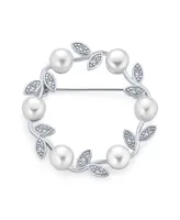 Bling Jewelry Elegant Classic White 7MM Freshwater Cultured Pearl Circle Leaf Scarf Brooch Pin For Women Sterling Silver