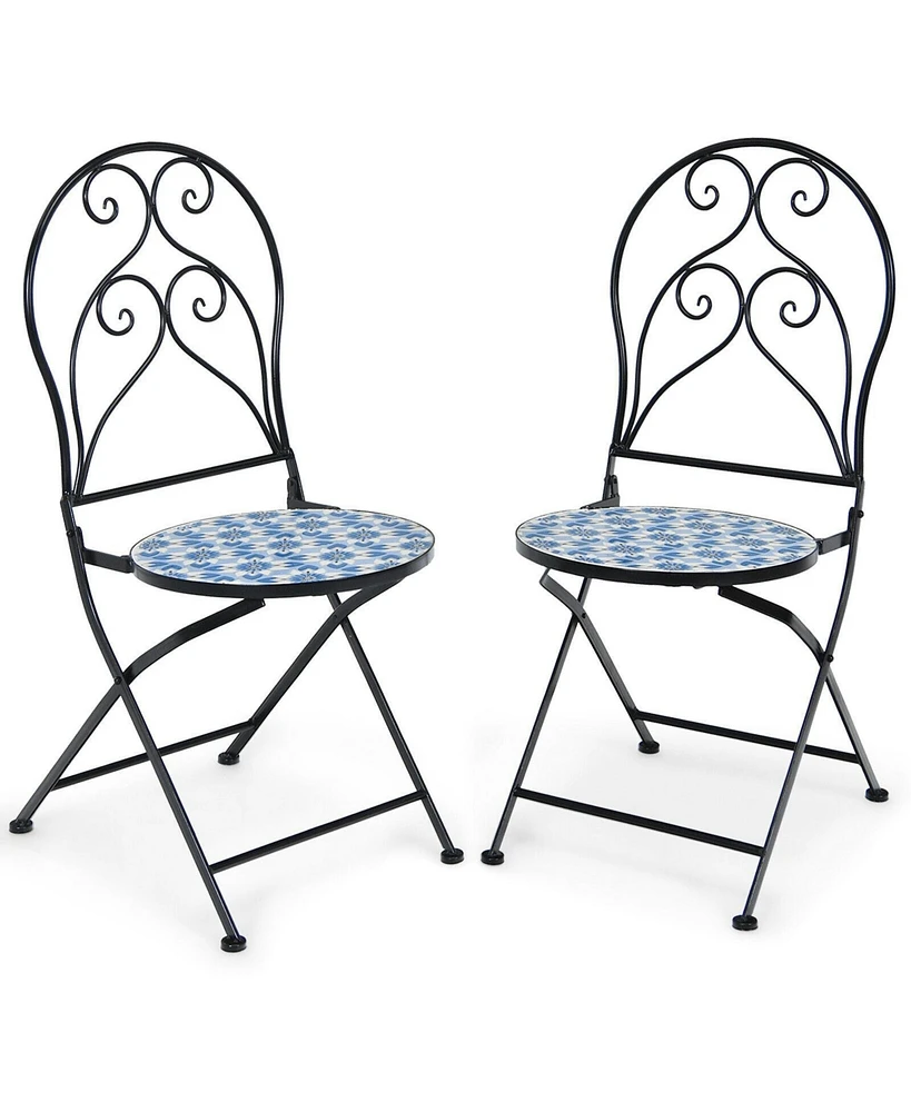 2 Pieces Patio Folding Mosaic Bistro Chairs with Blue Floral Pattern