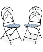 2 Pieces Patio Folding Mosaic Bistro Chairs with Blue Floral Pattern