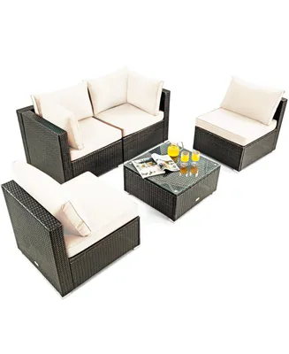 5 Pieces Cushioned Patio Rattan Furniture Set with Glass Table-White