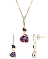 Amethyst (1/3 ct. t.w.), Rose de France Amethyst (7/8 ct. t.w.) & Diamond Accent Heart Drop Earrings in 14k Gold-Plated Sterling Silver