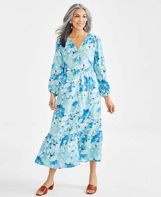 Style & Co Women's Printed Linen Tiered Midi Dress, Regular Petite, Created for Macy's