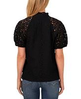 CeCe Women's Floral Lace Puff Sleeve Split Neck Top