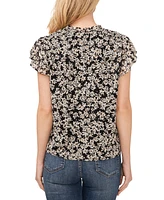 CeCe Women's Floral Clip-Dot Tie-Neck Flutter-Sleeve Top