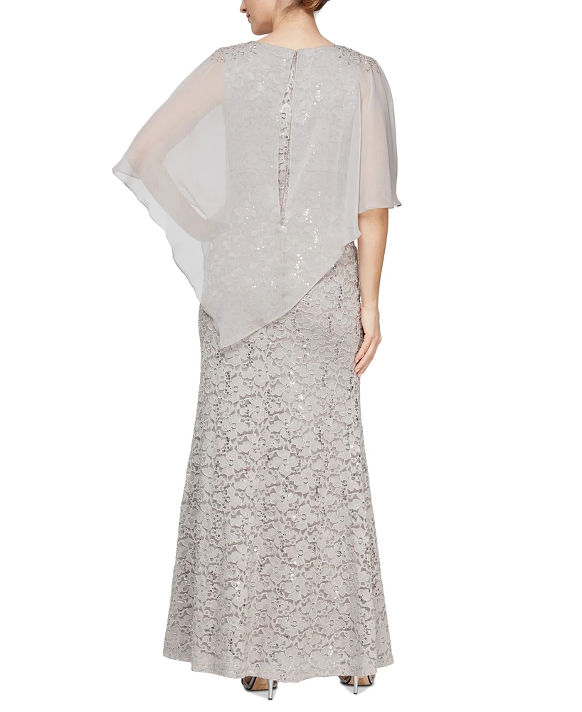 Sl Fashions Petite Round-Neck Sequin Lace Cape Dress