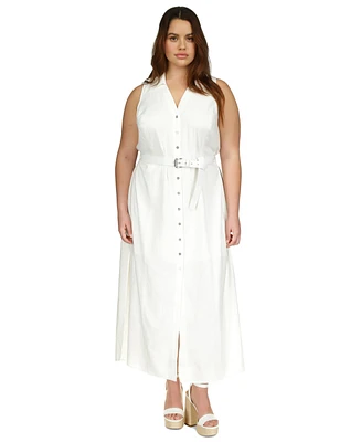 Michael Kors Plus Linen-Blend Belted Sleeveless Maxi Dress
