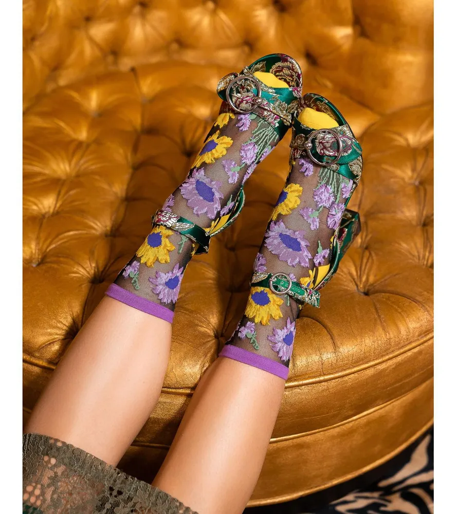 Sock Candy Women's Mixed Sunflowers Black Sheer Sock