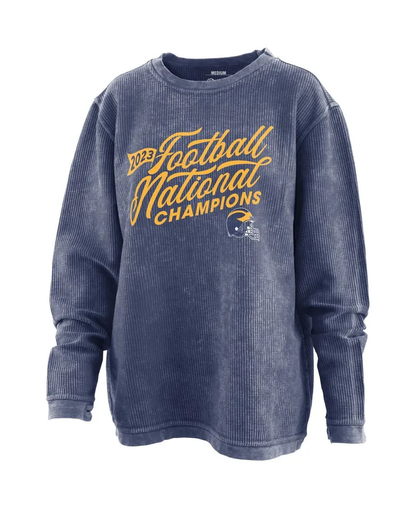 Women's Pressbox Navy Distressed Michigan Wolverines College Football Playoff 2023 National Champions Comfy Cord Pullover Sweatshirt