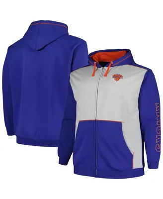 Men's Fanatics Blue, Heather Gray New York Knicks Big and Tall Contrast Pieced Stitched Full-Zip Hoodie