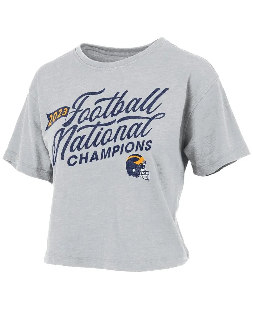 Women's Pressbox Gray Distressed Michigan Wolverines College Football Playoff 2023 National Champions Vintage-Like Waist-Length T-shirt