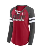 Women's Fanatics Red, Pewter Tampa Bay Buccaneers True to Form Raglan Lace-Up V-Neck Long Sleeve T-shirt