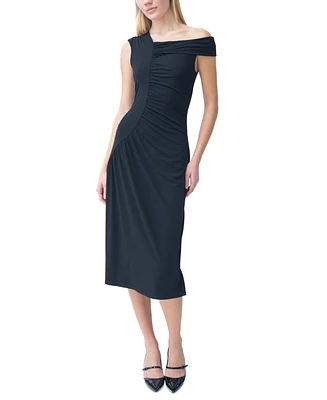 Adrienne Landau Women's Asymmetric-Neck Shirred Midi Dress
