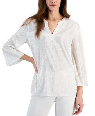 Jm Collection Petite Pleated Metallic Shine V-Neck Top, Created for Macy's